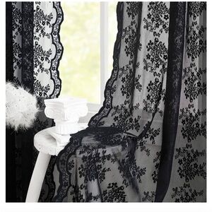 Black sheer curtains with floral details 54x54 2 panels